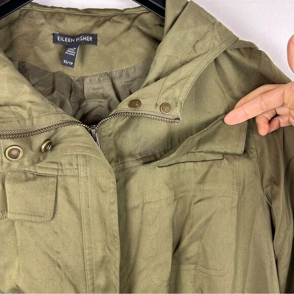 Eileen Fisher army green olive utility long hooded jacket size XS - Picture 6 of 9